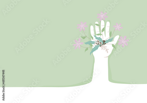 A raised hand with flowers grew out of his hands, human rights concept in flat vector style.
