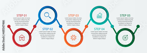 Simple infographic 5 parts or options, simple design with colored circles and lines. icons, text and numbers, for presentations, flow diagrams and your business