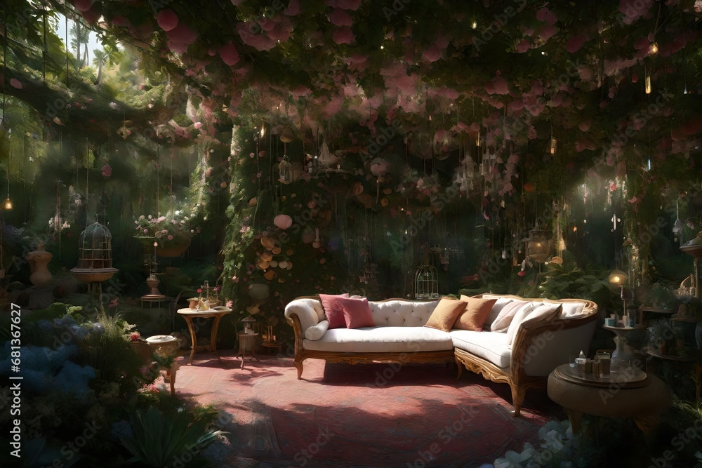 fairy tale garden with sofa for sitting in trees, garden with sofa background ,cafe in garden , garden with sitting area , garden decoration for function ,garden decoration for marriage , AI generated