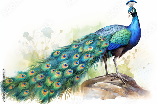 a peacock in nature in watercolor art style photo