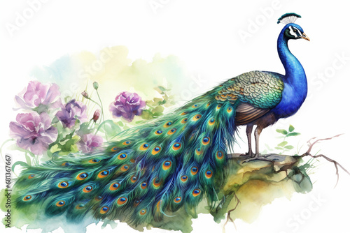 a peacock in nature in watercolor art style photo