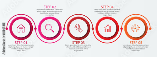 Simple infographic 5 parts or options, simple design with colored circles and lines. icons, text and numbers, for presentations, flow diagrams and your business