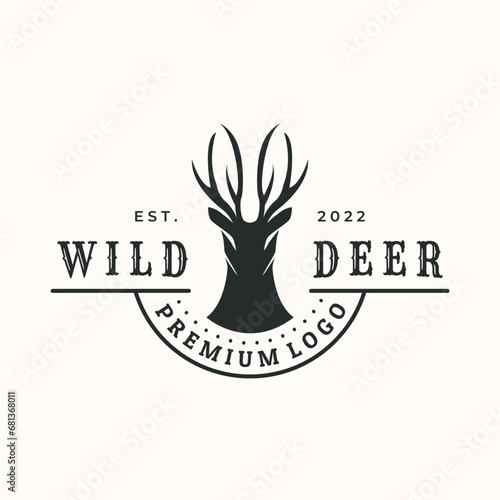 deer long horn vintage logo vector minimalist illustration design, wild deer symbol design