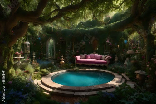 fairy tale garden with sofa for sitting in trees  garden with sofa background  cafe in garden   garden with sitting area   garden decoration for function  garden decoration for marriage   AI generated