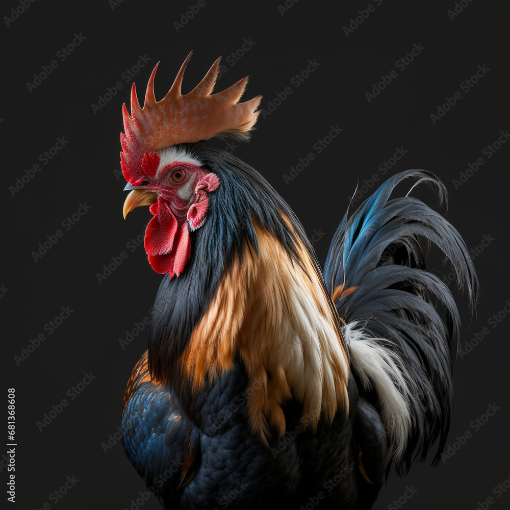 A beautiful and colorful rooster in a dynamic portrait pose shot  The lighting is dramatic and the composition is dynamic, tilt-shift angle with a shallow depth of field and a sharp focus on the roost