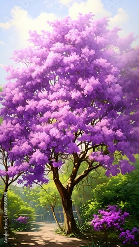 A majestic lilac tree stands tall in the garden, its branches adorned with s of purple blooms that seem to dance in the sunlight, creating a beautiful and serene composition. photo