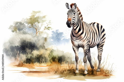 a zebra in nature in watercolor art style