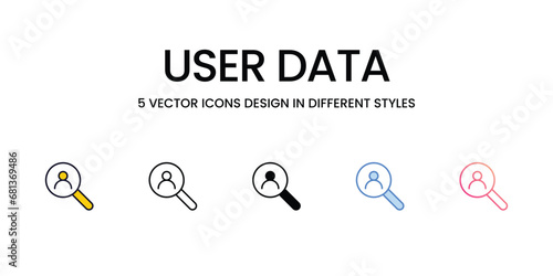 User Data Icon Design in Five style with Editable Stroke. Line, Solid, Flat Line, Duo Tone Color, and Color Gradient Line. Suitable for Web Page, Mobile App, UI, UX and GUI design.