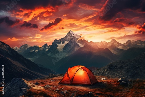 Tent in the mountains at sunset. Beautiful summer landscape with a tent.