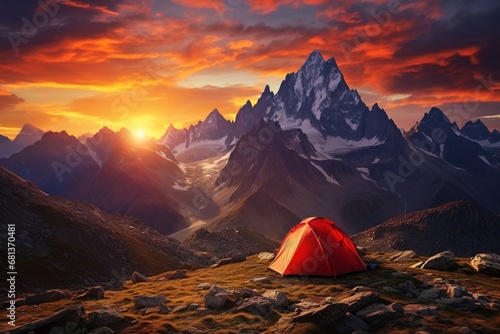 Tent in the mountains at sunset. Beautiful summer landscape with a tent.