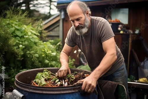 a man recycling and composting in his backyard