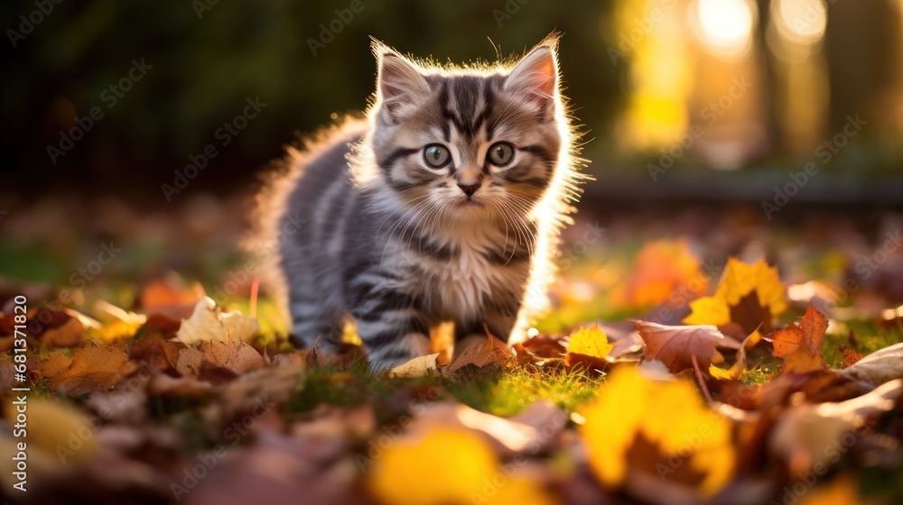 A Cute kitten playing with yellow autumn leaves at sunset. the backyard The background of the photo is a relaxing environment in the backyard. A Cute kitten playing with yellow autumn leaves at sunset. the backyard The background of the photo is a relaxing environment in the backyard.