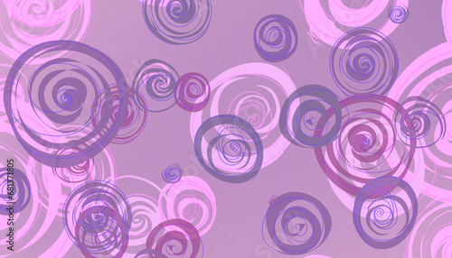 Abstract background  a collection of shapes and lines in the form of spiral circles  with a pink background