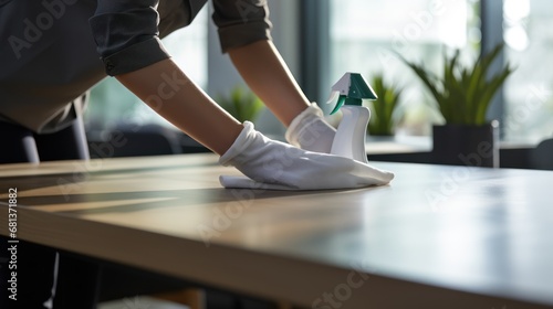 A Close-up of cleaning staff using cloth and spraying disinfectant to wipe down tables in a corporate office. Cleaning staff concept.