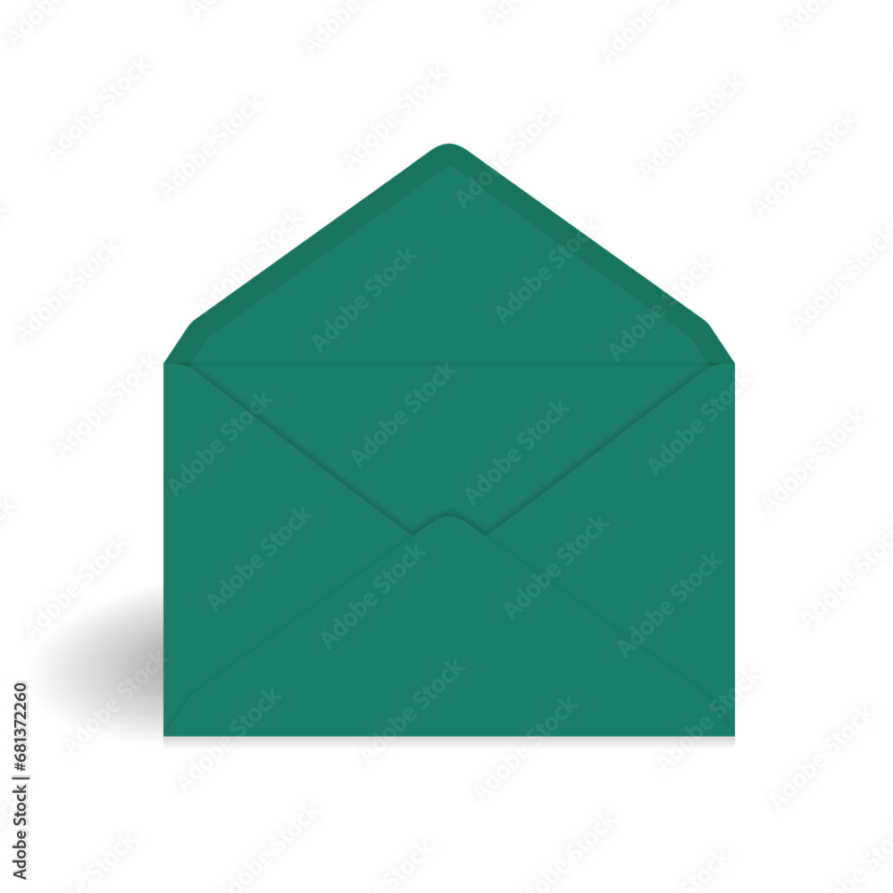 Green paper opened envelope mockup template. Isolated on white background with shadow. Ready to use for your design or business. Vector illustration.