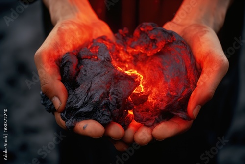 A concept illustration of scorching charcoal in the hands of a miner. Inferno. Magma. Heat. Embers. Temperature. Surreal image of burning hot lava, rock or coal in the hands, palms of a person