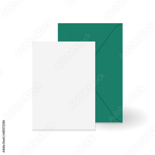 White standing greeting card and green paper envelope mockup template. Isolated on white background with shadow. Ready to use for your design or business. Vector illustration.