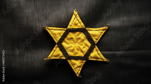 Holocaust symbol, yellow Star of David patch on black,old aged textile 