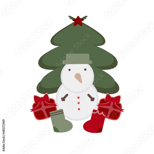Christmas tree with snowman and gift