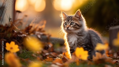 A Cute kitten playing with yellow autumn leaves at sunset. the backyard The background of the photo is a relaxing environment in the backyard.