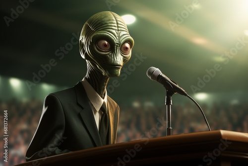 An alien politician speaking publicly on podium. Surprised humanoid in a suit at a microphone, humor photo