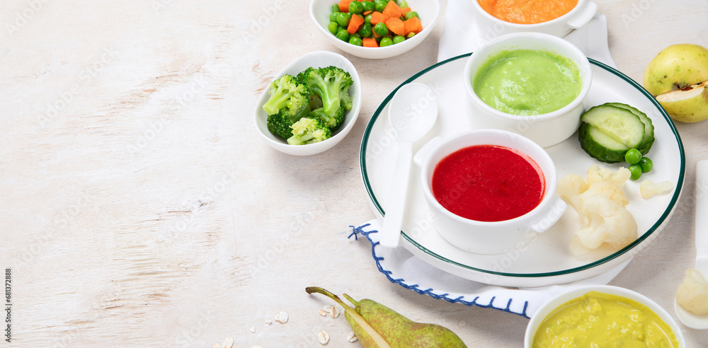 Baby food. Colorful vegetable and fruit puree. Baby food. Colorful vegetable and fruit puree.