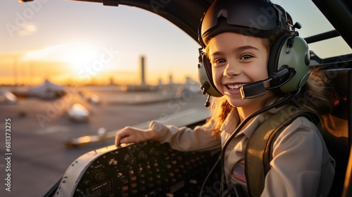 A beautiful young female pilot takes a selfie in the cockpit while piloting a plane with the sky in the background. The concept of the dream of flying a plane. © Phoophinyo