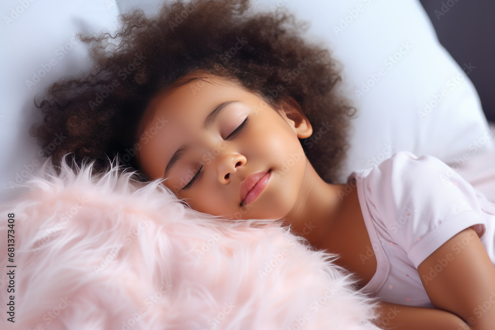 African little girl sleeping well on white pillow in bed African little girl sleeping well on white pillow in bed