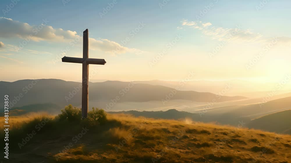 A wooden cross overlooking a vast expanse of rolling hills and fields, a reminder of the greatness of Gods creation. A wooden cross overlooking a vast expanse of rolling hills and fields, a reminder of the greatness of Gods creation.