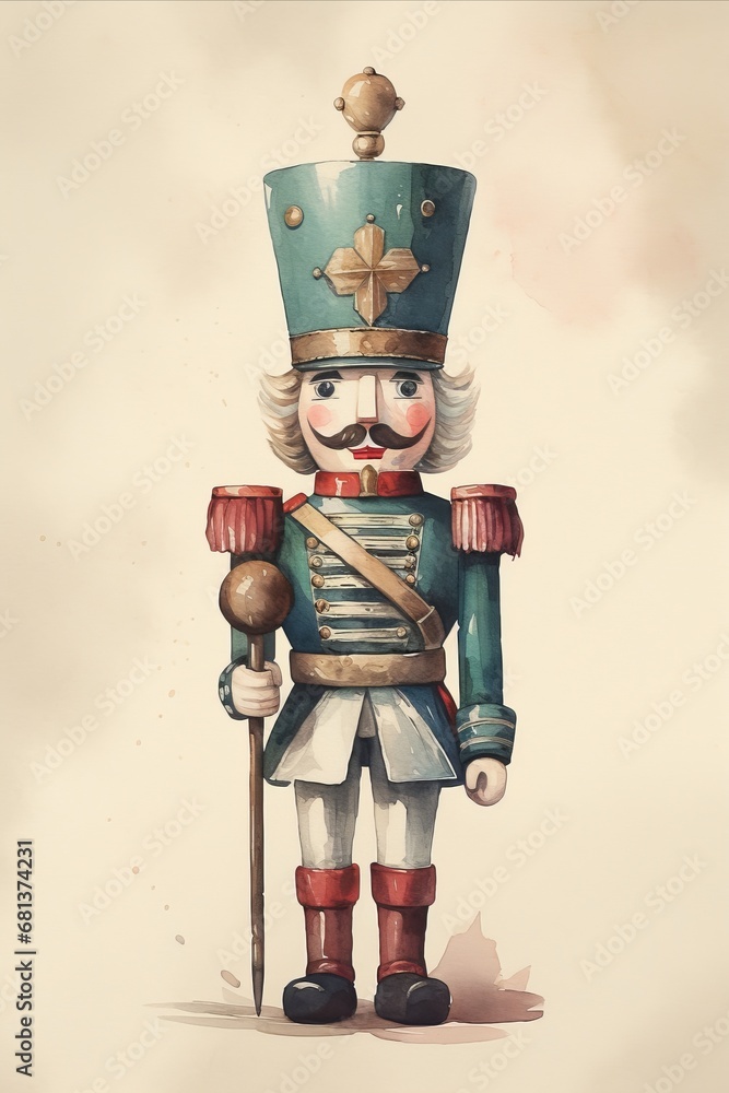 Naklejka premium Vertical watercolor illustration of traditional nutcracker. Christmas card concept