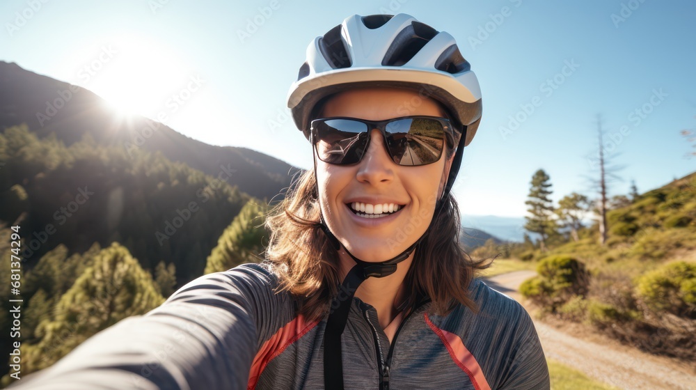 A beautiful female cyclist taking a selfie while cycling with pine trees and hills in the background. A beautiful female cyclist taking a selfie while cycling with pine trees and hills in the background.