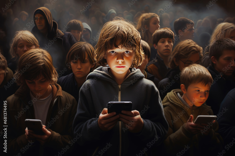 boy holding smartphone and standing in crowd of children who look at mobile phones. Concept of gadget addiction - obrazy, fototapety, plakaty 