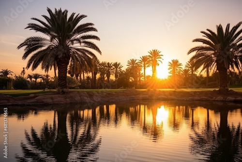 enchanting beauty of oasis at sunrise, showcasing first light breaking over horizon, reflections on water, and sense of new beginnings in this tranquil setting © Andreww