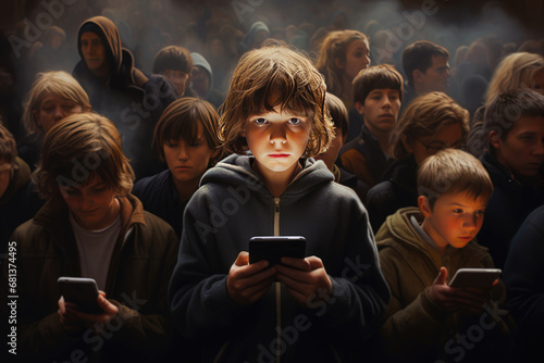 boy holding smartphone and standing in crowd of children who look at mobile phones. Concept of gadget addiction