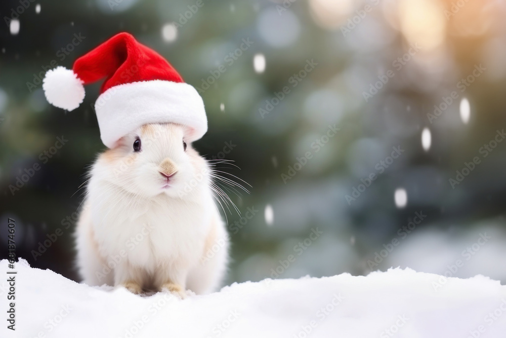 beautiful white rabbit in red Santa Claus hat with winter snowy forest and Christmas decorations on the background beautiful white rabbit in red Santa Claus hat with winter snowy forest and Christmas decorations on the background