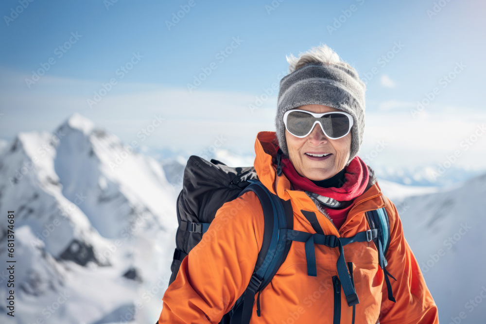 cheerful senior woman in winter sports clothing and ski glasses with snow covered mountains on the background