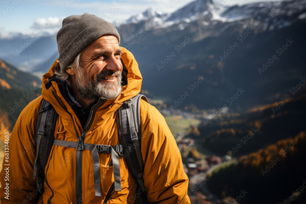 happy senior man with backpack hiking in the mountains happy senior man with backpack hiking in the mountains