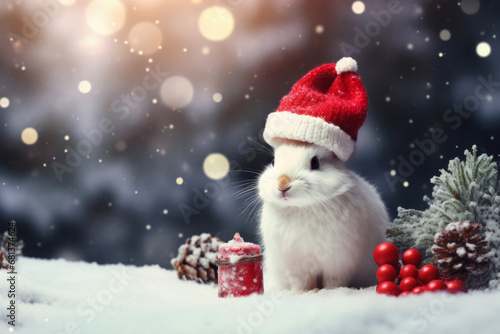 white rabbit in red Santa Claus hat with winter snowy forest and beautiful Christmas decorations on the background