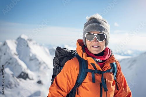 cheerful senior woman in winter sports clothing and ski glasses with snow covered mountains on the background