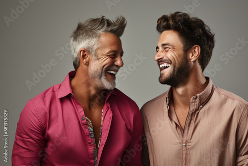 Young happy gay couple in casual clothes isolated on gray background photo