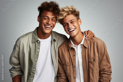 Young happy gay couple in casual clothes isolated on gray background