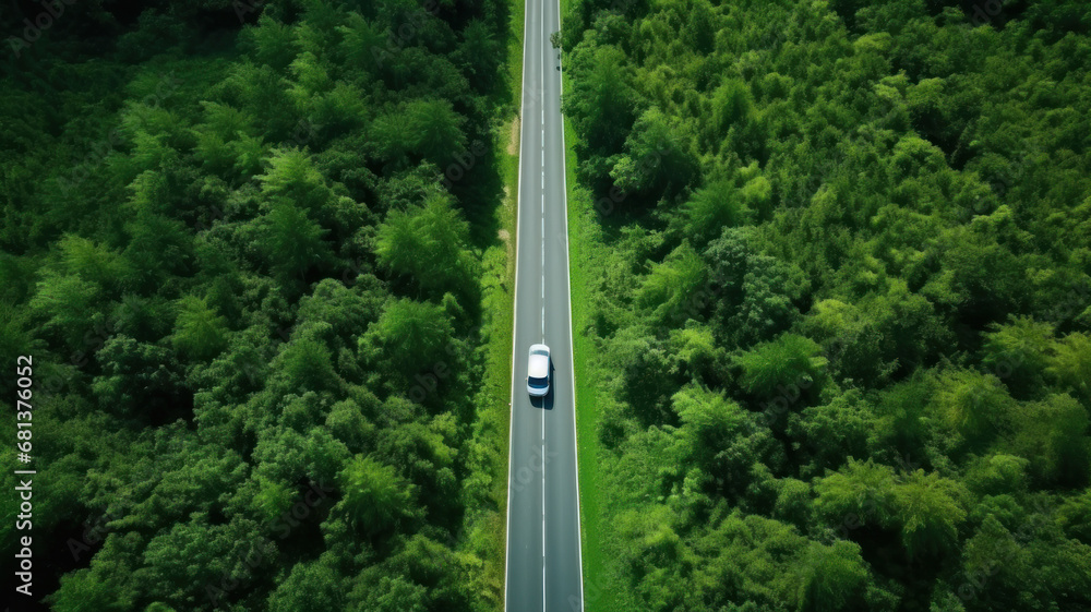 Top view Road through the green forest, Aerial view car truck drive going through forest Texture of forest view from above, Ecosystem and healthy environment Top view Road through the green forest, Aerial view car truck drive going through forest Texture of forest view from above, Ecosystem and healthy environment
