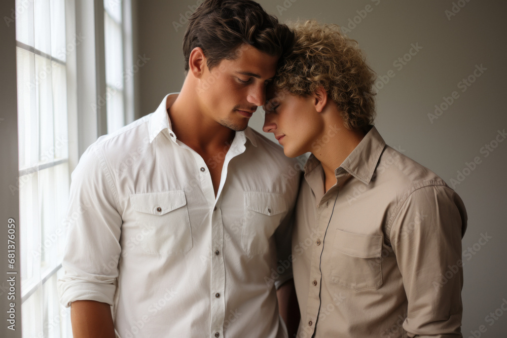 Young happy gay couple in casual clothes isolated on gray background Young happy gay couple in casual clothes isolated on gray background
