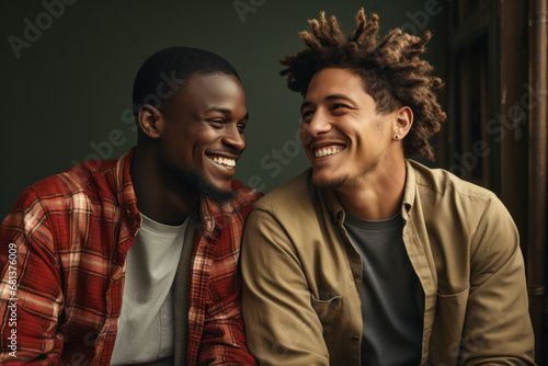Young happy gay couple in casual clothes isolated on gray background