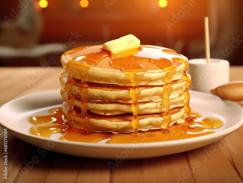 A delicious breakfast of fluffy pancakes stacked high on a plate, drizzled with golden maple syrup and topped with a melting pat of butter © wiparat