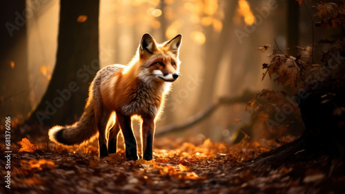 realistic fox with bushy tail and black ears, walking on a dirt path through a forest with tall trees and colorful leaves, with rays of sunlight and mist creating magical atmosphere © wiparat