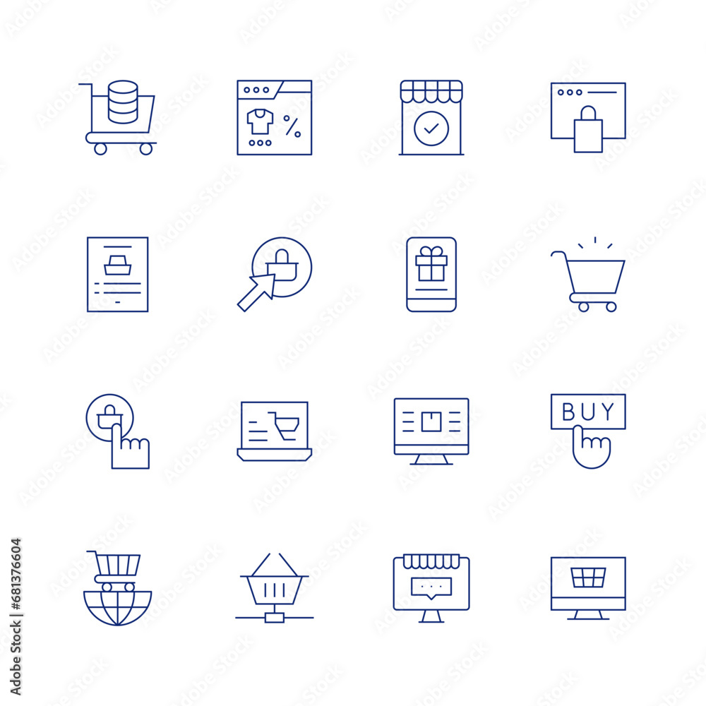 E-commerce line icon set on transparent background with editable stroke. Containing shopping cart, online shopping, shopping basket, trading, shop, gift, buy, delivery, ecommerce, empty cart, shopping