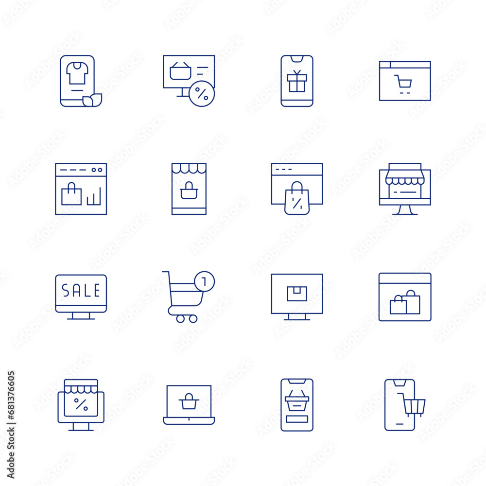 E-commerce line icon set on transparent background with editable stroke. Containing second hand, shopping online, online shopping, cyber monday, phone, online shop, ecommerce, shopping.