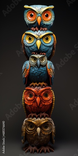 totem pole made of different colored owls on dark studio background