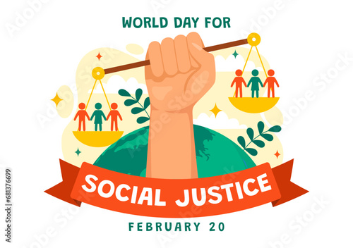 World Day of Social Justice Vector Illustration on February 20 with Scales or Hammer for a Just Relationship and Injustice Protection in Background
